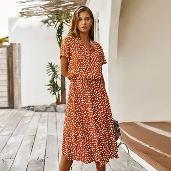 

Fashion Summer Dress Women 2020 Polka Dot Print High Waist vintage A-Line Dress elegant Single-Breasted Boho Midi long Dresses