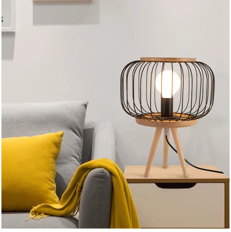 Modern solid wood iron wire cage table lamp personality cafe study bedroom bedside lamps home decorative table light mx7241112