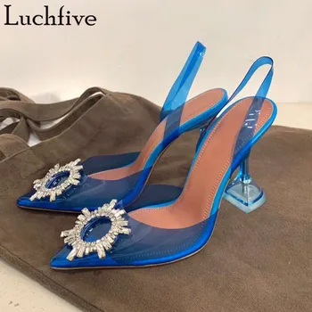 

Crystal Pointy Toe Clear Sandals Women Goblet High Heel Party Shoes Sexy PVC Slingbacks Blue Shoes Woman