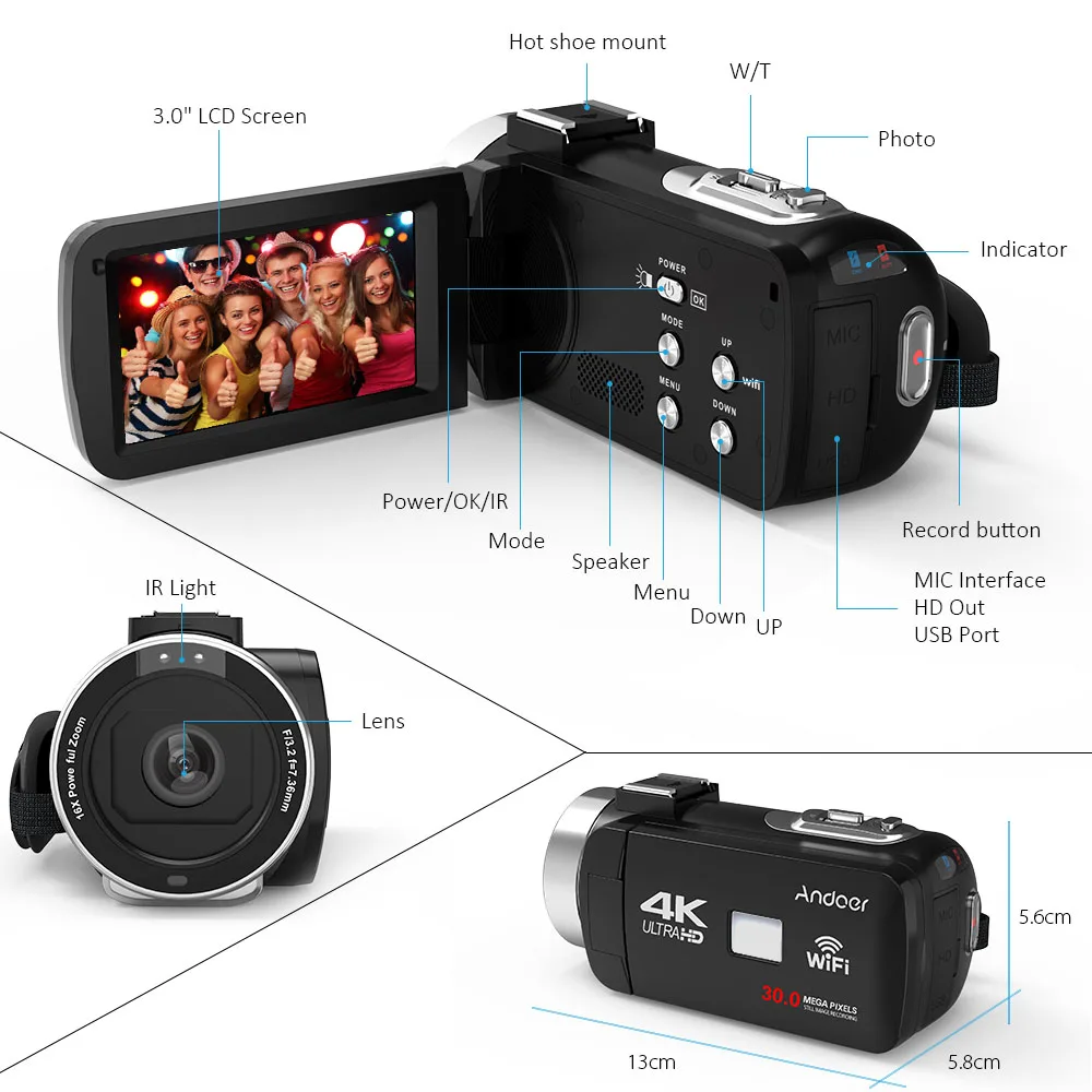 Andoer 1080P HD WiFi 3," lcd сенсорный экран ИК ночного видения портативная видеокамера+ микрофон+ 0.39X широкоугольный объектив