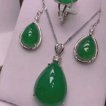 

S925 silver inlaid jade silver pendant ring earrings Three Piece Jewelry Set
