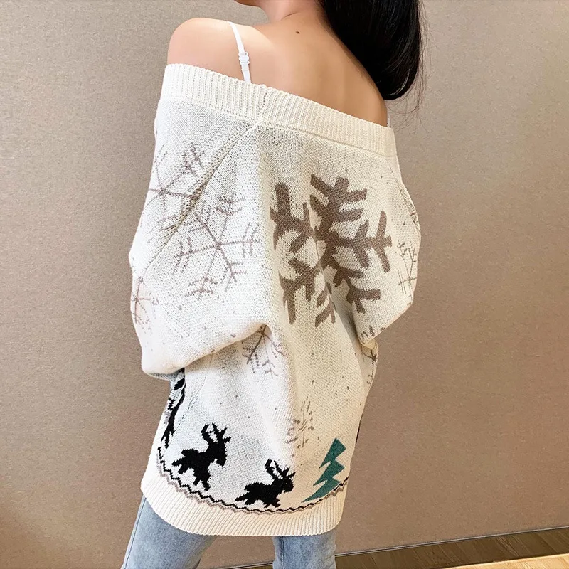 Autumn Winter Woman Sweaters Cardigan Cartoon Pattern V-neck Single Breasted Fashion Leisure Christmas Long Sleeve Top 2020