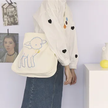 

Rural style cute double-sided embroidery lamb wild soft cute messenger bag shoulder strap button adjustable shoulder bag