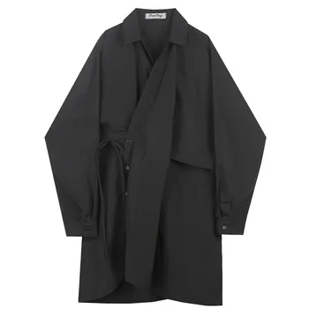 

EWQ / men's and women's wear Spring 2020 Long Sleeve Patchwork Irregular Bandage Loose long Shirt Vintage black white tops FS961