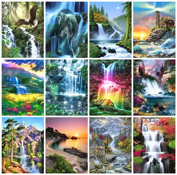 

HUACAN 5D DIY Diamond Painting Full Square Waterfall Diamond Embroidery Cross Stitch Landscape Mosaic Home Decoration