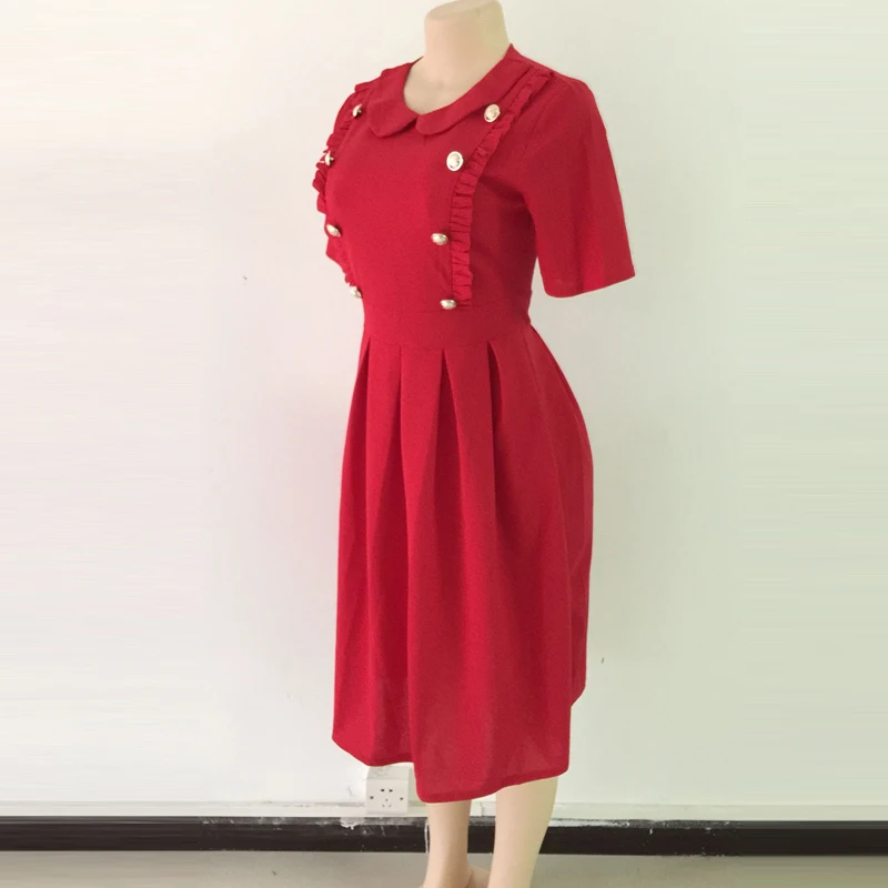 OTEN Pin up винтажное осеннее женское платье года, офисное платье с рюшами и короткими рукавами, плиссированное, на кнопках, тонкие, однотонные, вечерние, элегантные, женские