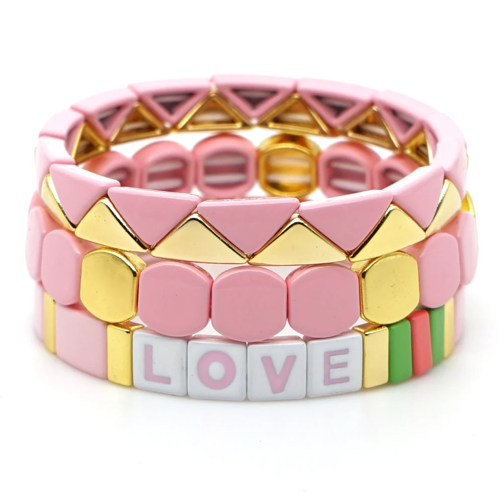 

Shinus LOVE Letter Bangles Cuff Bracelet Enamel Tile Bracelets Bohemian Women Lover Pink Jewelry Stackable Stretch Handmade