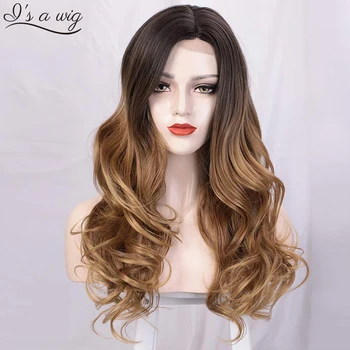 

I's a wig Ombre Brown Long Wavy Synthetic Wigs for Women Side Part Natural Looking Wig Heat Resistant Cosplay Daily Hairs