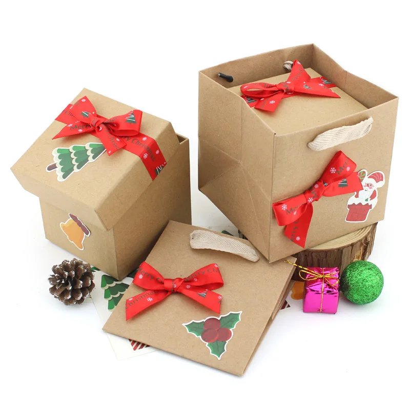 

Gift Box Christmas Apple Tote Kraft Paper Packaging Box Halloween Candy Box Cartoon Bow Simple Solid Color Paper Gifts Box Bags