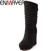 ENMAYER/Новые осенне-зимние модные женские ботинки до середины икры, клинья флок ботинки с круглым носком женские черные, красные, BlueShoes