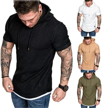 

Men's Solid Sport hooded Hoodie Short Sleeve Casual Running T-Shirt Gym Fitness Tops Bodybuilding