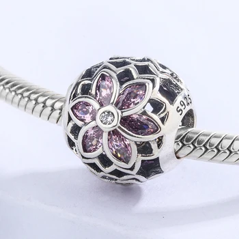 

Romantic custom pink zircon flower hollow S925 diy charm bangle bead jewelry accesories holiday gift for female