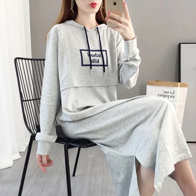 Hot Long-Sleeved Hooded Breastfeeding Dresses Mid-Calf Casual Fashion Maternity Clothes Autumn Top 8556 - Цвет: Серый