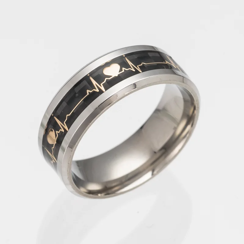 3um Ecg Couple Carbon Finger Ring Men Heart Beat Engraved Ring