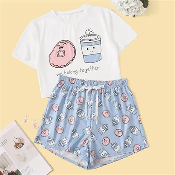 

Woman Pajamas Summer Pijama QWEEK Mujer Kawaii Pajamas Cute Cow Printe Lounge Wear Sleepwear Set Suit for Home Women 2020