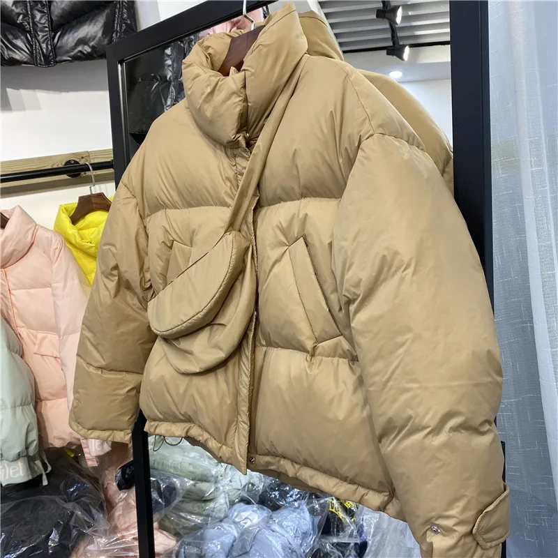 Women Short Down Jacket with Bags Loose Thick White Duck Down Filled Bread Jacket for Winter Outer Wear Coat