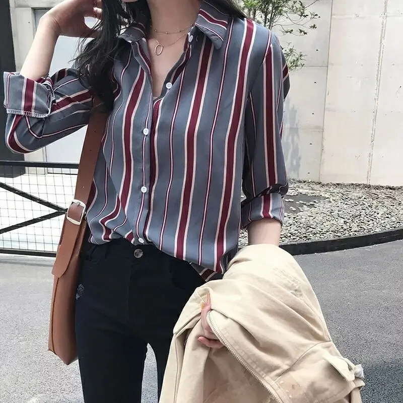 

2020 Spring And Autumn New Style WOMEN'S Dress Korean-style Loose-Fit BF Striped Shirt Female Long Sleeve Tops Base Shirt Thin