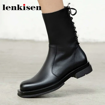 

Lenkisen genuine leather round toe med heel winter shoes keep warm back lace up gladiator vintage beauty lady mid-calf boots L55