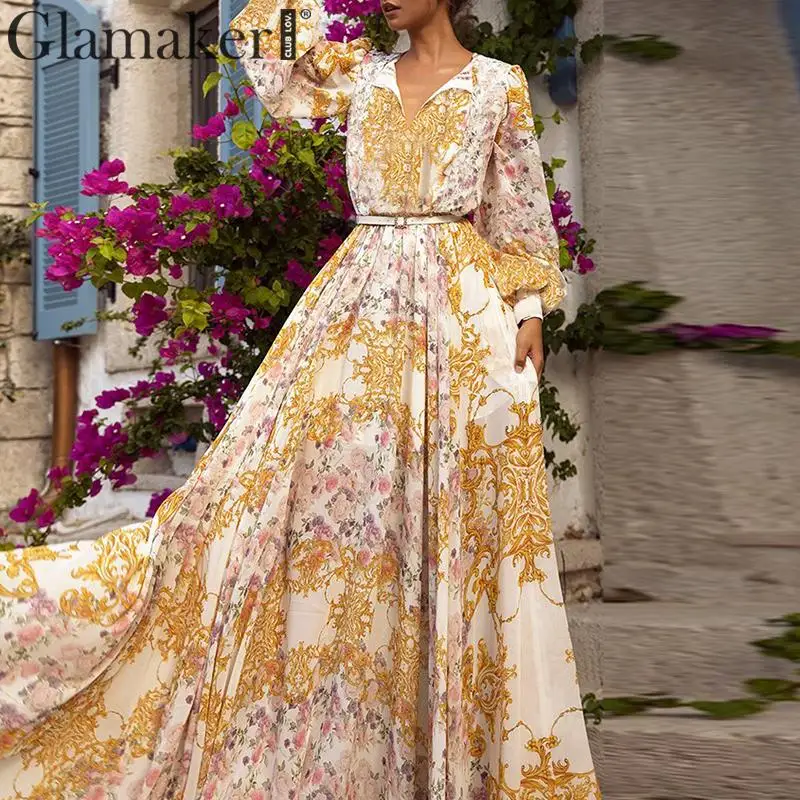 Glamaker, сексуальное элегантное платье в стиле бохо с цветочным принтом, женское длинное платье с рукавом-фонариком, женские летние вечерние пляжные платья макси festa