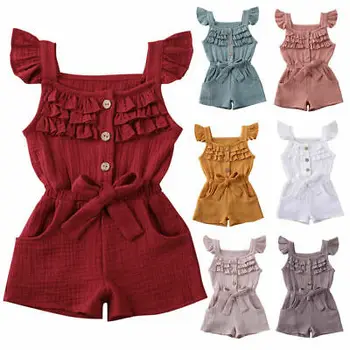 

6M-5Y Summer Cute Rompers Toddler Kids Baby Girls Candy Colors Ruffles Bust Cap Sleeve Belted Pockets Romper Shorts Outfits