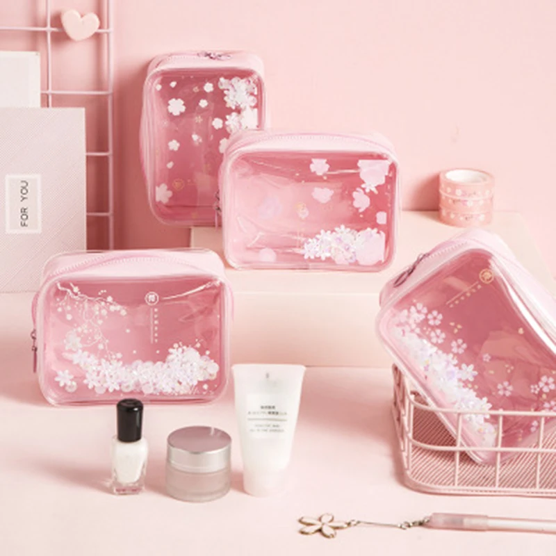 

PVC Pink Transparent sakura storage bags Pouch Cosmetic bag travel sundries make up organizer 1PC