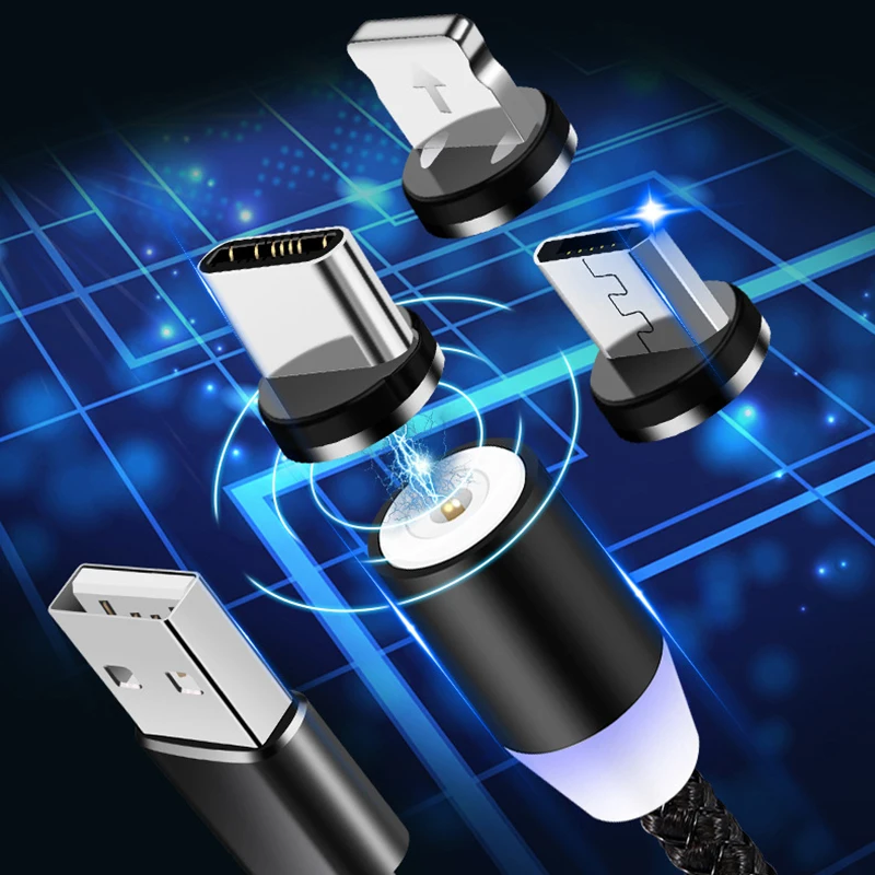 Магнитный зарядный светодиодный кабель Micro usb type C 2A для быстрой зарядки и передачи данных для мобильных телефонов