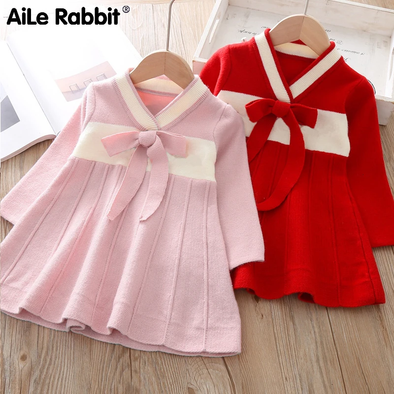 Г., новое осеннее платье-свитер для девочек вязаное платье с длинными рукавами в китайском стиле Красное, розовое платье для маленькой принцессы Hanfu