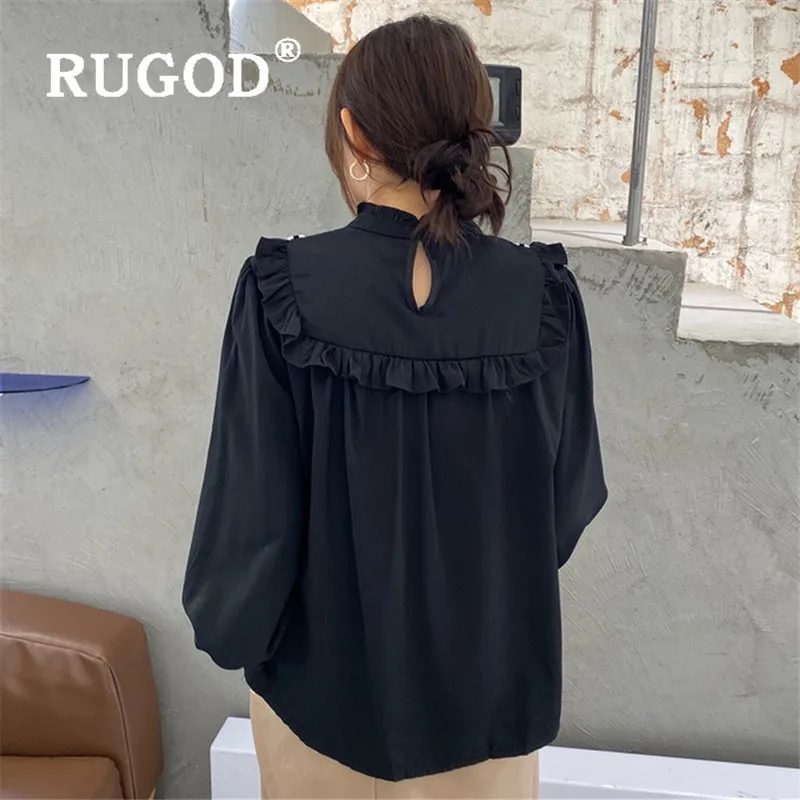 RUGOD Waveselvedge блузка для женщин винтажные блузки с длинным рукавом темно-синий воротник элегантный топ корейская модная одежда женские рубашки на каждый день