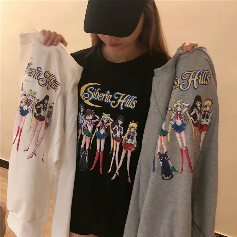 Осенняя Harajuku футболки с длинным рукавом для женщин одежда топы тройник женский Япония с принтом героев из мультфильмов для маленьких девочек студентов Джемперы Хай-стрит