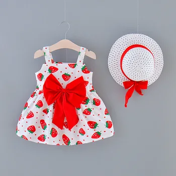 

2020 New Girls Bow Strawberry Print Princess Dress Summer Kids Strap Party Sundress with Hat Children's Dress Clothes for Girls