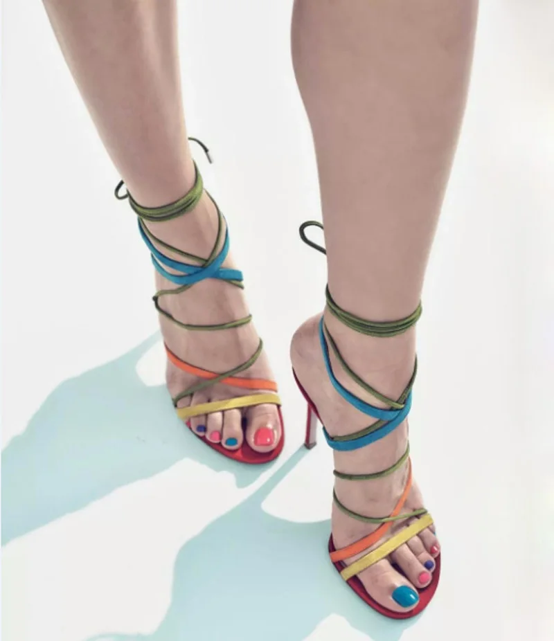 

Summer Multicolor Suede Leather Thin Straps Cross Sandals Open Toe Thin Bandage Lace up Rainbow Color High Heels Mujer Zapatos
