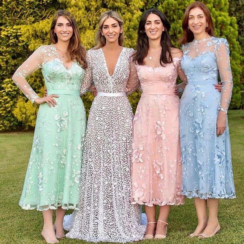 blush tea length bridesmaid dresses