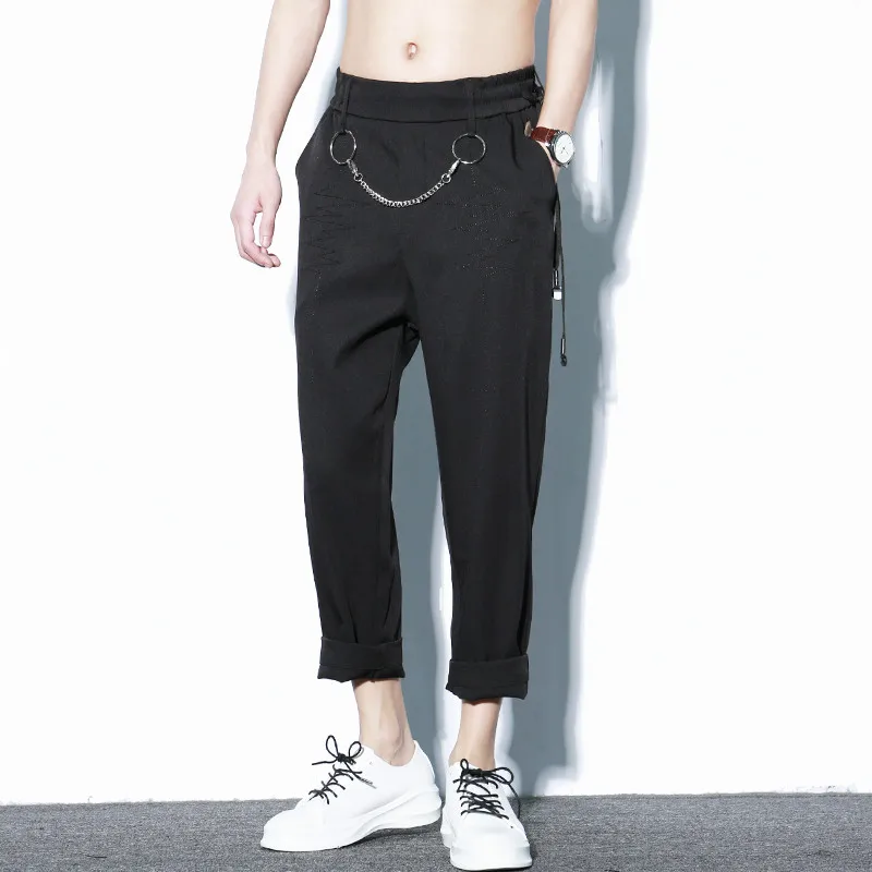 

Men Elastic Waist Drawstring Casual Harem Pants Male Streetwear Hip Hop Metal Chain Design Loose Trousers
