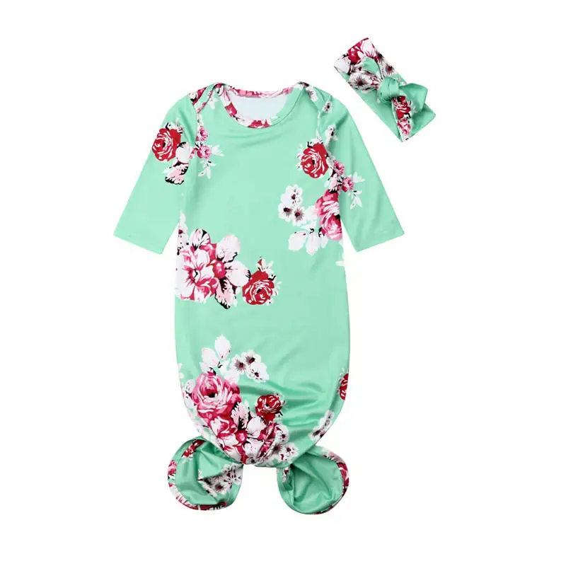 Swaddle Wrap Baby Blanket Newborn Infant Floral Sleeping bag+Hair band Romper 2Pcs Baby Bedding Accessories - Цвет: Зеленый