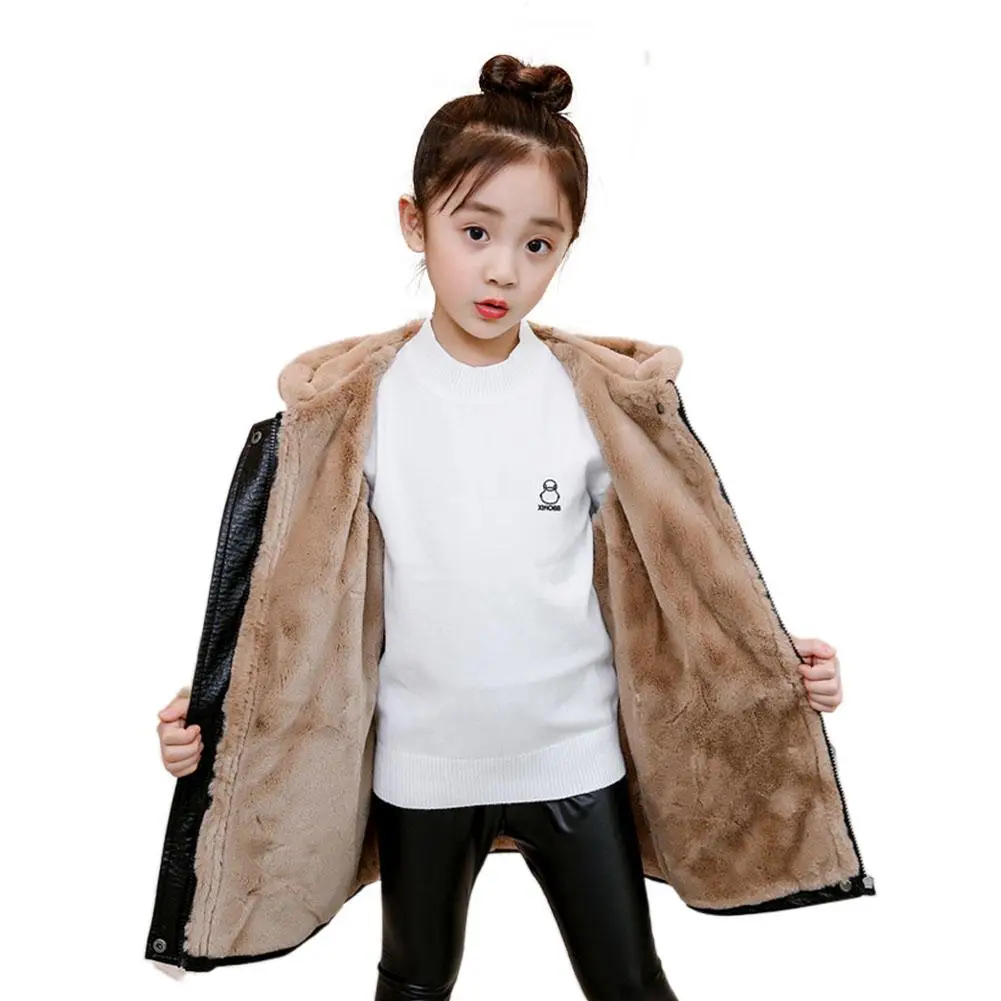 Kuulee Girls Leather Jacket Thicken Velvet Coat Outwear Long Version Cardigan Hoodie