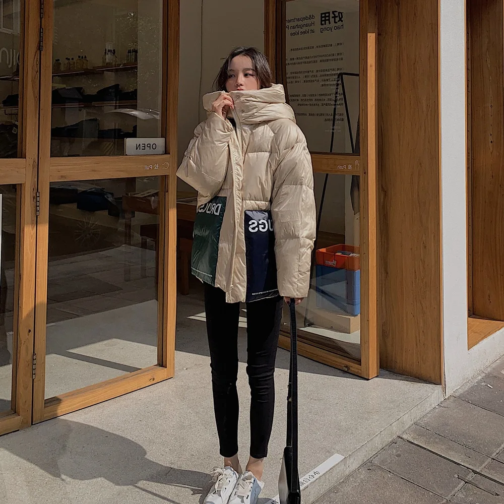 

Photo Shoot Contrast Color Large Pocket Bright Surface Cotton Overcoat 2019 Winter New Style WOMEN'S Dress Retro CHIC-Style Hood