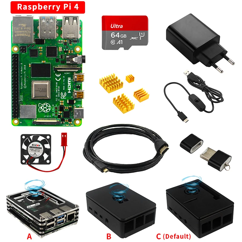 Kit Originale Raspberry Pi 4B 2Gb 4Gb 8Gb Ram Adattatore Di Alimentazione 5V 3A + Ventola Di Raffreddamento + Dissipatori Di Calore + Scheda Per Raspb
