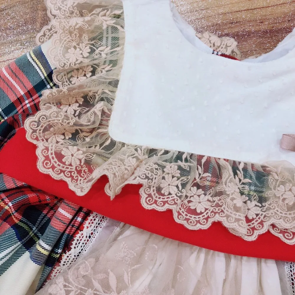 Осенне-весеннее винтажное бальное платье в клетку с длинными рукавами в стиле испанской Лолиты для маленьких девочек; платье принцессы для девочек; повседневное праздничное платье
