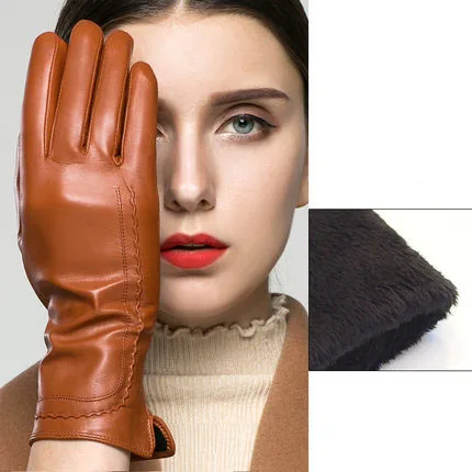 leather brown Зимние женские из натуральной кожи женские зимние перчатки сохраняющие тепло овчины перчатки женские модные перчатки - Цвет: leather brown