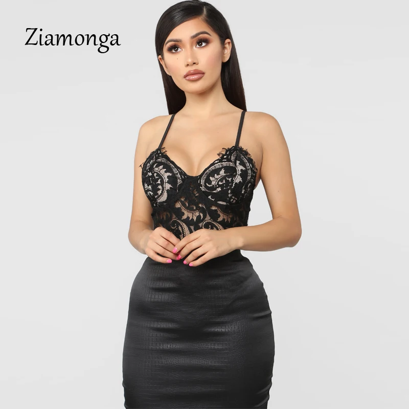 Ziamonga Sheer Lace Bodysuit Women Sexy Spaghetti Strap V-Neck Push Up See Through Jumpsuit Women Lace Bodysuits 2019 Summer New