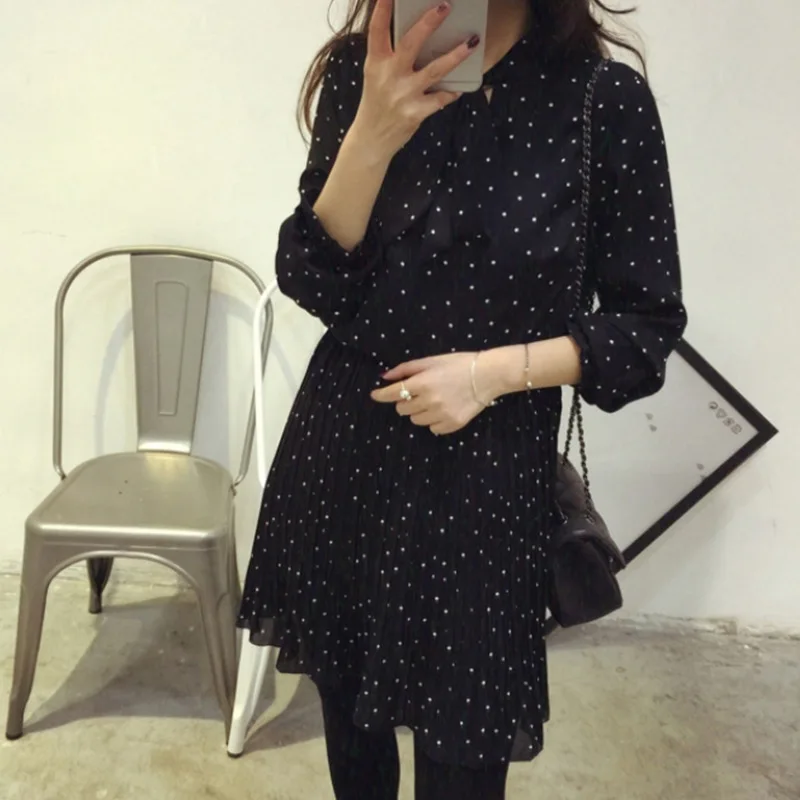

Autumn Clothing New Style Plus-sized Slimming T-shirt Tops Women's Long-Sleeve Chiffon Mid-length Polka Dot Base Shirt