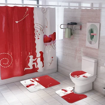 

Bathroom Set Waterproof Shower Curtain Toilet Cover Mat Non Slip Rug Home Decor