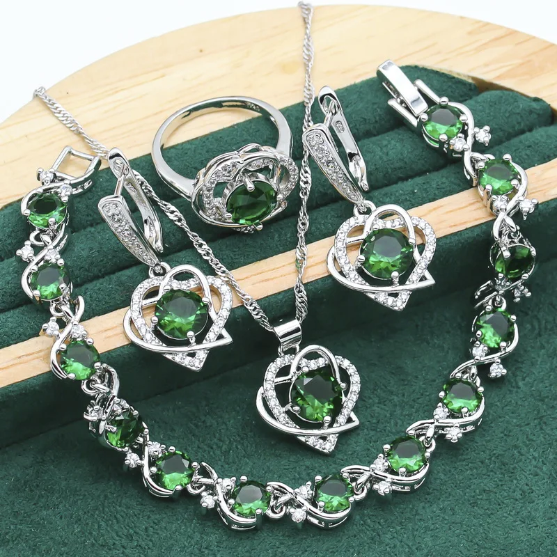 Silver Jewelry Set Heart Shaped 925 Silver Women Multicolour Topaz Bracelet Earrings Necklace Pendant Ring 4PCS