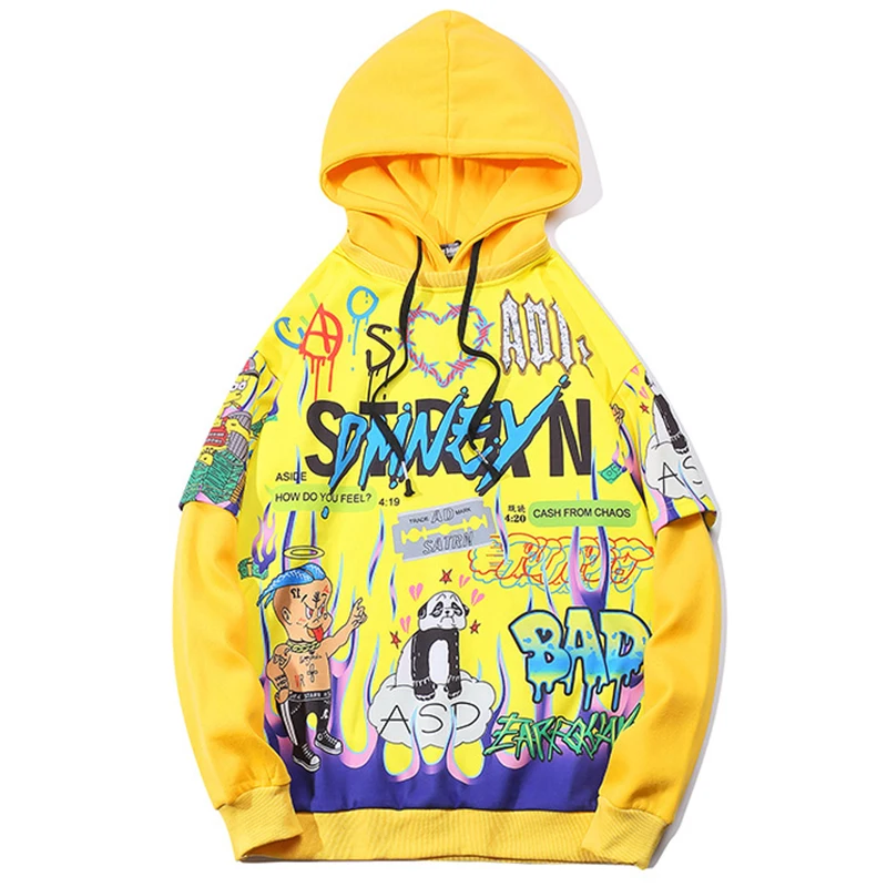 Пуловер с капюшоном в стиле Харадзюку с надписями и граффити из мультфильма; Стильная мужская толстовка с капюшоном в стиле хип-хоп; Повседневная Мужская Уличная толстовка с капюшоном - Цвет: Цвет: желтый