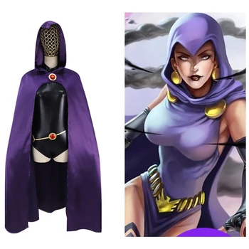 

Anime Teen Titans Raven Cosplay Costumes Child Adult Jumpsuits+Cloak+Gemstone Belt Chain Party Halloween Fancy Ball Bodysuit
