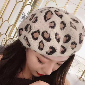 

Leopard beret female autumn and winter new retro wild painter hat British hat