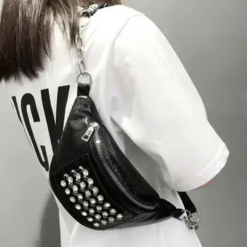 

Fashion Women PU Leather Fanny Pack Street Rhinestones Rivets Street Style Belt Bags Zipper Phone Purse Waist Packs Dropshipping