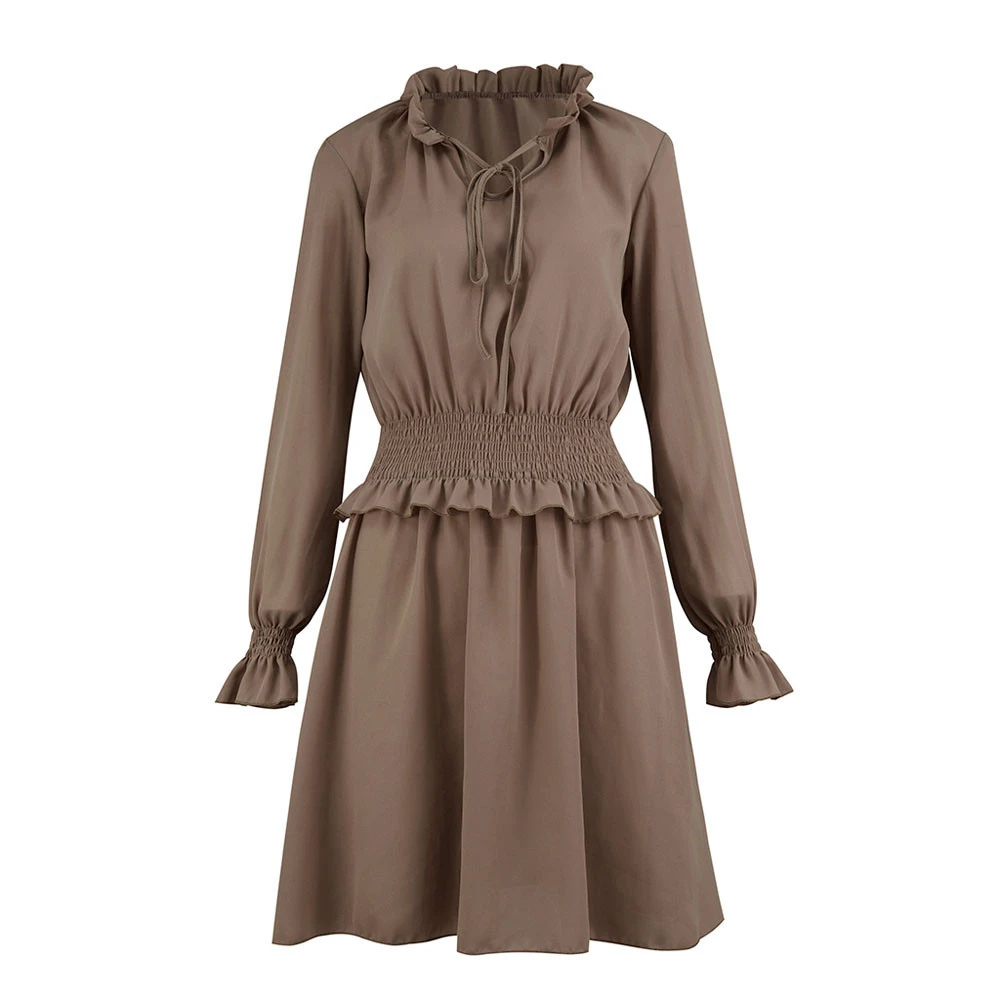 Women Fall Long Sleeve Dress Elegant Party Female Chiffon Dress O Neck Solid Pleated Casual Office Winter Vestidos Mujer 807