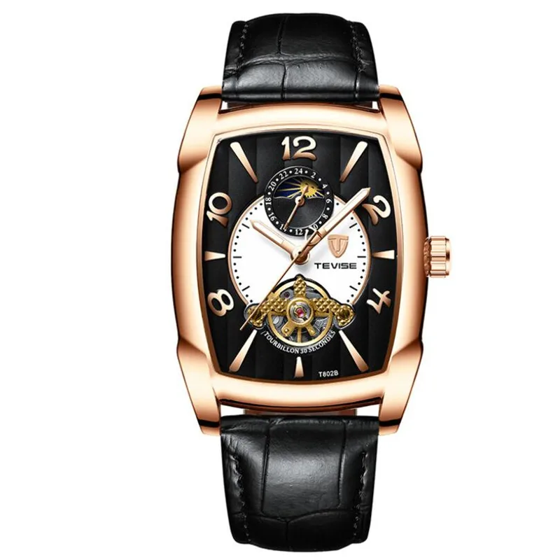 Мужские механические часы для мужчин модные автоматические часы для мужчин Moon Phase прямоугольные кожаные Наручные часы Tourbillon часы - Цвет: Rose gold black