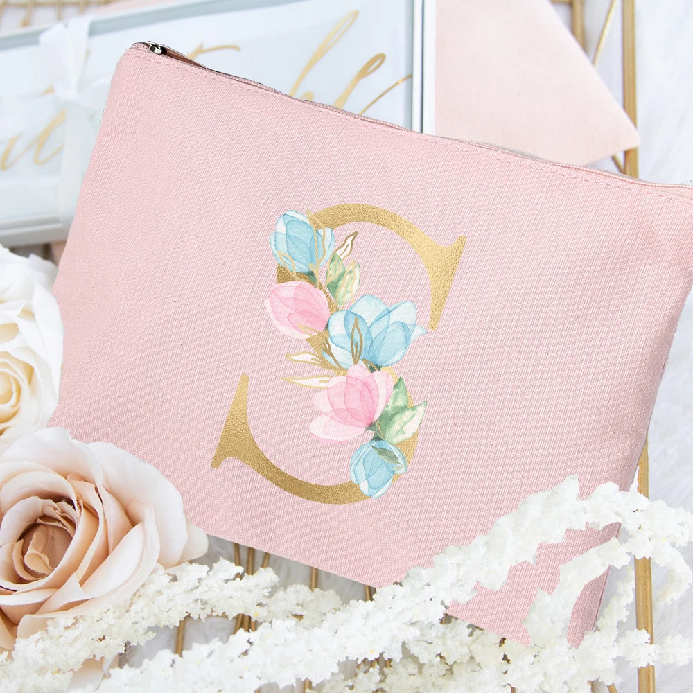 

Bridesmaid Gift Bride Canvas Makeup Bag Floral Letters Pattern Cosmetic Bag Bridal Party Make Up Bags Bachelorette Party Pouch